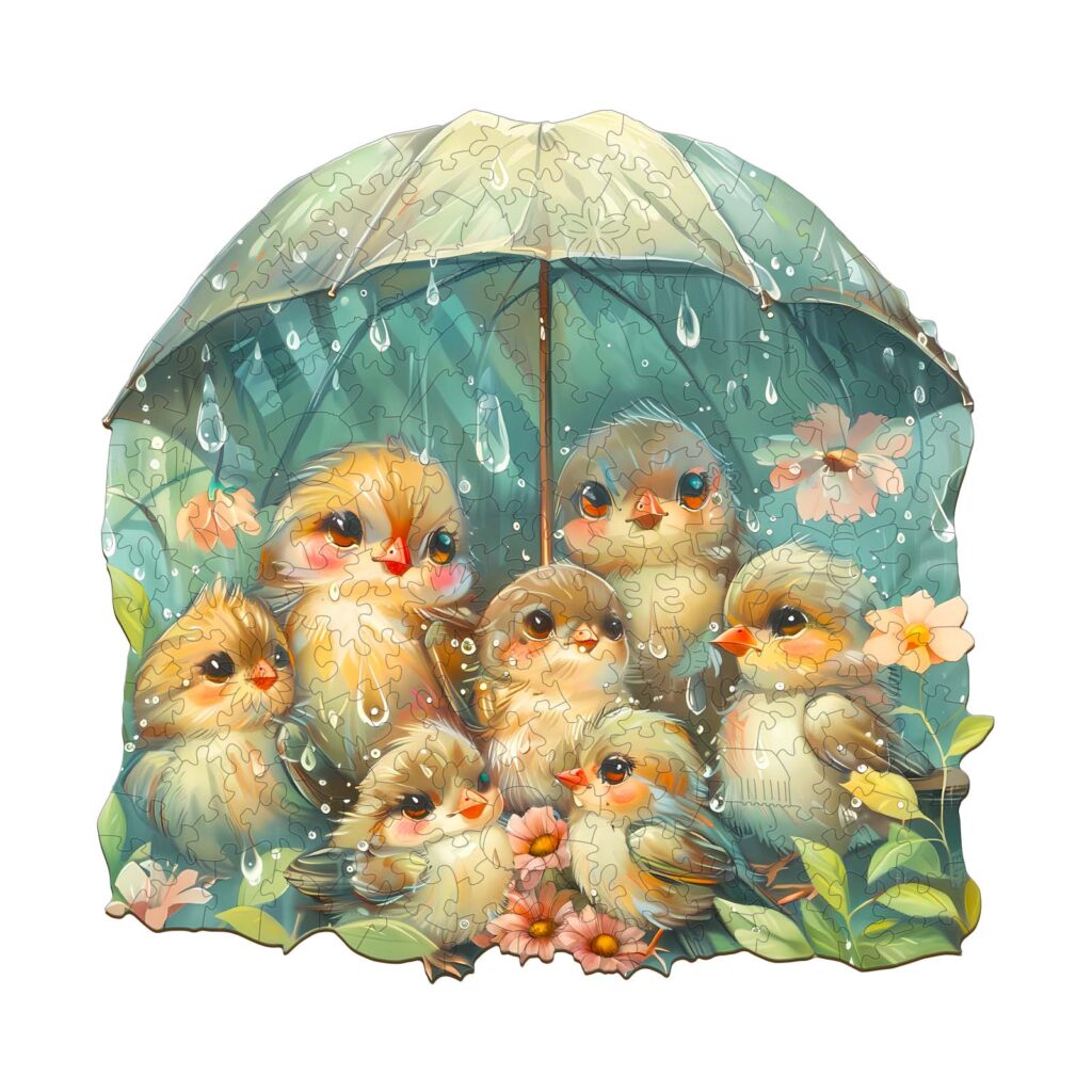 Wooden Jigsaw Puzzle-Birds Holding Umbrella 66cfee6142619