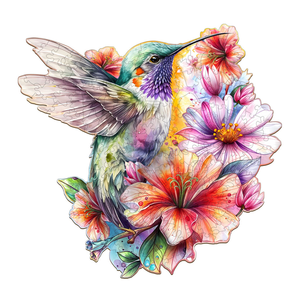 Wooden Jigsaw Puzzle-Hummingbirds in Flowers 66e54236df443