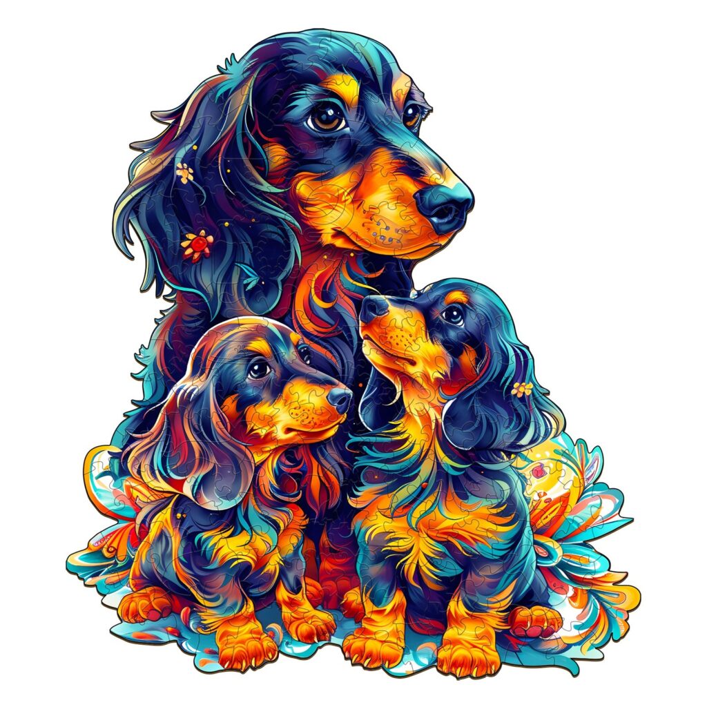 Wooden Jigsaw Puzzle-Long-haired Dachshund Family 66dbbddba797f